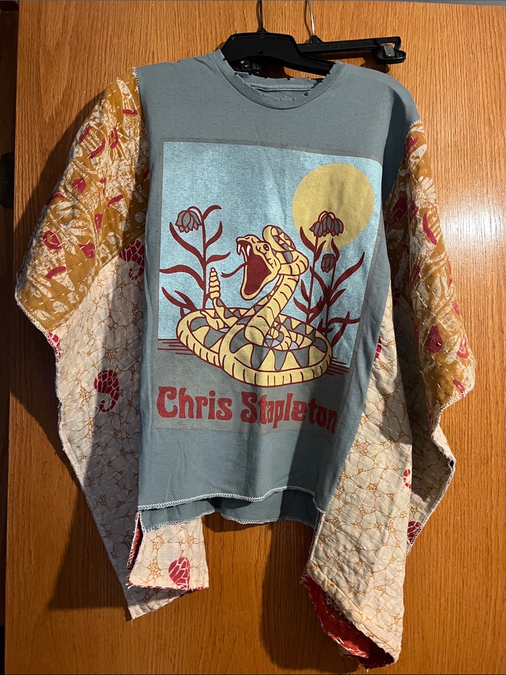 Graphic Tee with kantha sleeves - Slate Blue with Yellow Snake Print